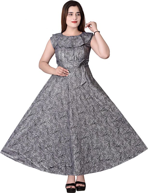 Girls Maxi/Full Length Party Dress  (Silver, Sleeveless)