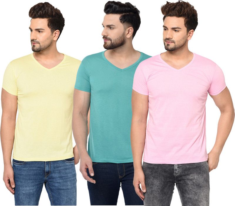 Pack of 3 V neck Combo T-shirts Multicolor Men Solid V Neck Cotton Blend Light Blue, Pink, Yellow T-Shirt