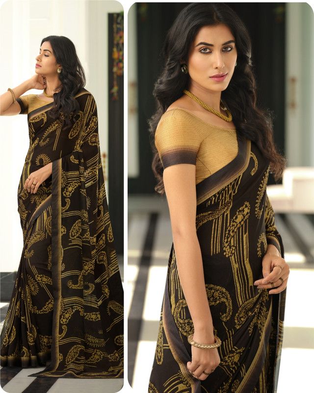 Printed Daily Wear Georgette, Chiffon Saree  (Black, Yellow)