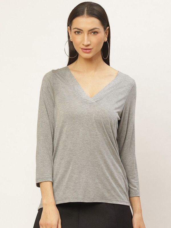 Women Solid V Neck Cotton Blend Grey T-Shirt