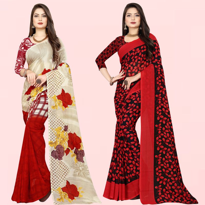 Floral Print Daily Wear Georgette Saree  (Pack of 2, Red, Beige)