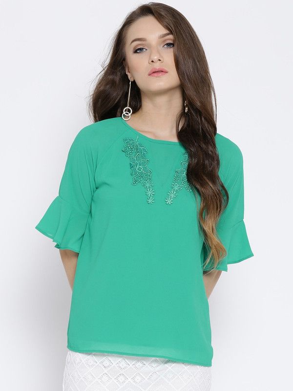 Casual Bell Sleeves Embellished Women Green Top