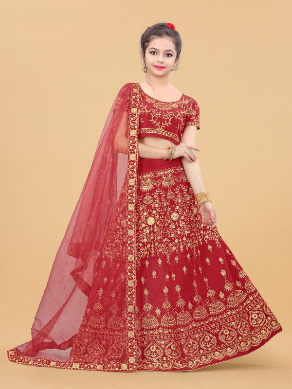 Girls Lehenga Choli Ethnic Wear Embroidered Lehenga, Choli and Dupatta Set  (Red, Pack of 3)