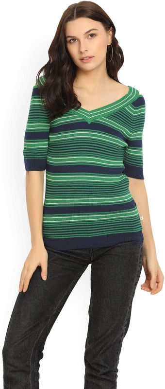 Women Striped V-neck Dark Green Sweater