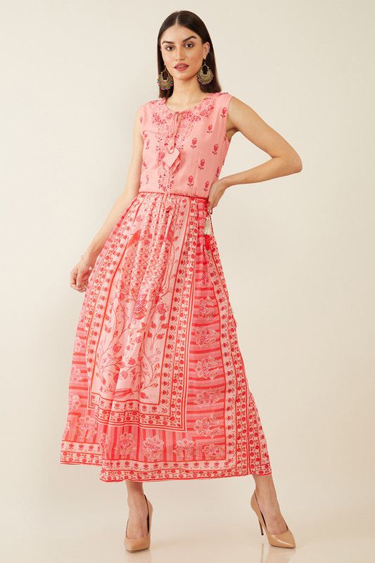 Women Floral Print Pure Cotton Flared Kurta  (Pink)