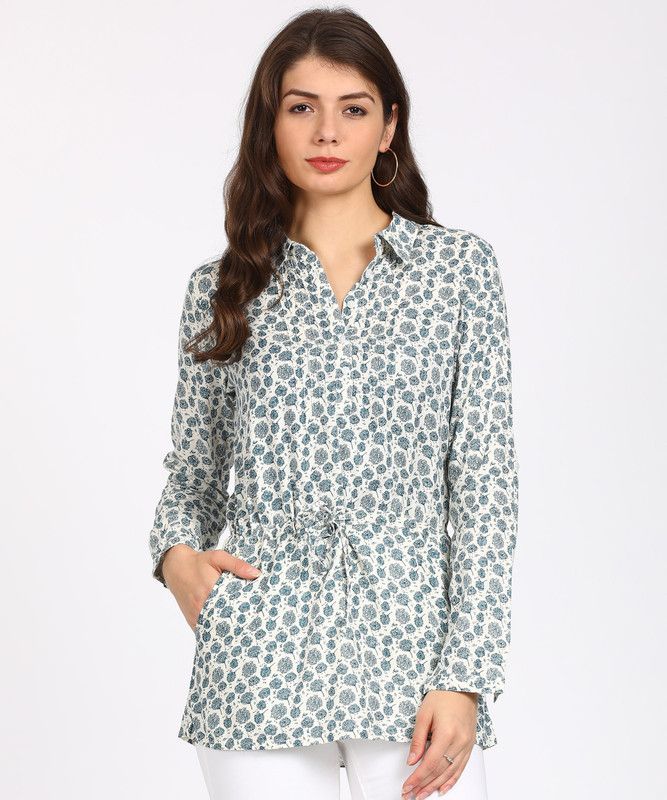 Casual Roll Up Sleeves Printed Women Dark Blue, Beige Top