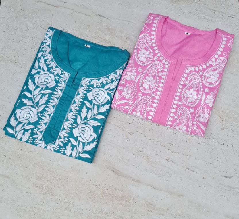 Pack of 2 Women Embroidered Cotton Blend Straight Kurta  (Green, Pink)