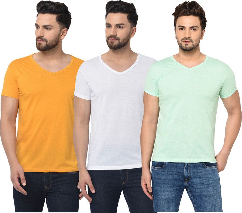 Pack of 3 V neck Combo T-shirts Multicolor Men Solid V Neck Cotton Blend White, Green, Yellow T-Shirt