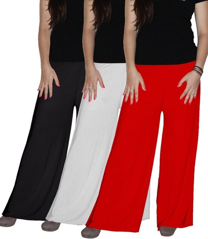 Pack of 3 Women Regular Fit Red, White, Black Lycra Blend Trousers