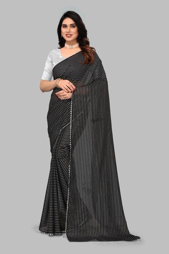 Printed, Striped Bollywood Georgette, Silk Blend Saree  (Black)