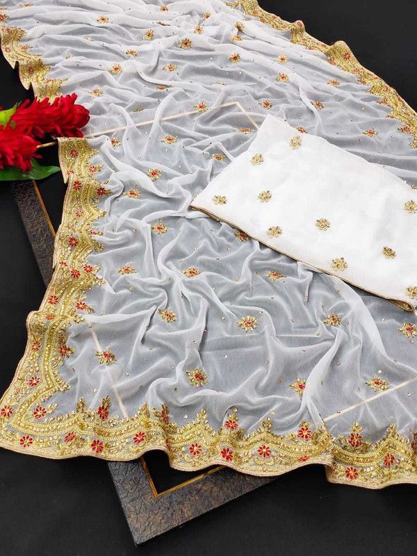 Embroidered Fashion Georgette Saree  (White)