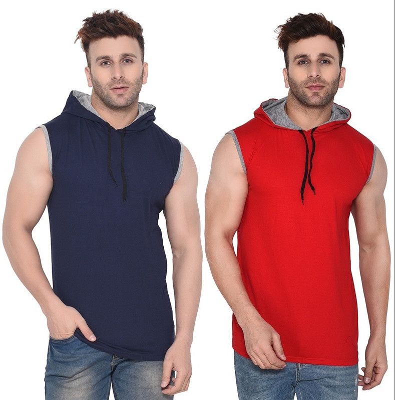 Pack of 2 Faizaan Men Solid Hooded Neck Cotton Blend Dark Blue, Red T-Shirt