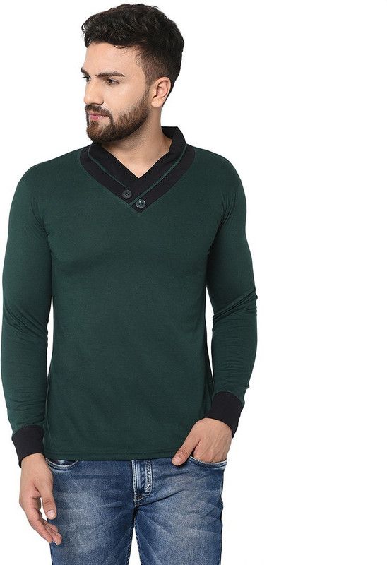 Men Solid Shawl Neck Cotton Blend Dark Green T-Shirt