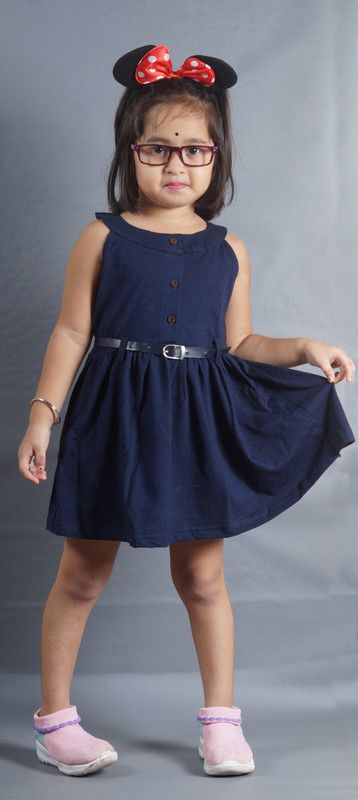 Girls Above Knee Casual Dress  (Dark Blue, Sleeveless)