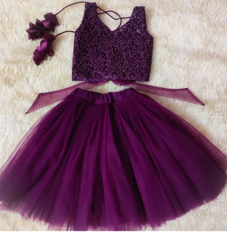 Girls Lehenga Choli Ethnic Wear Embroidered Lehenga & Crop Top  (Purple, Pack of 2)