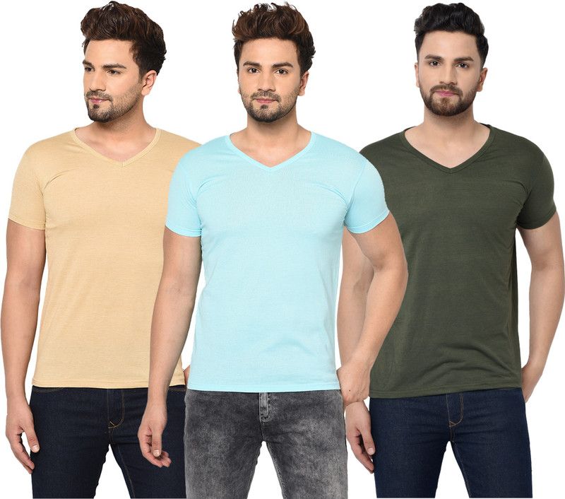 Pack of 3 V neck Combo T-shirts Multicolor Men Solid V Neck Cotton Blend Light Blue, Dark Green, Beige T-Shirt