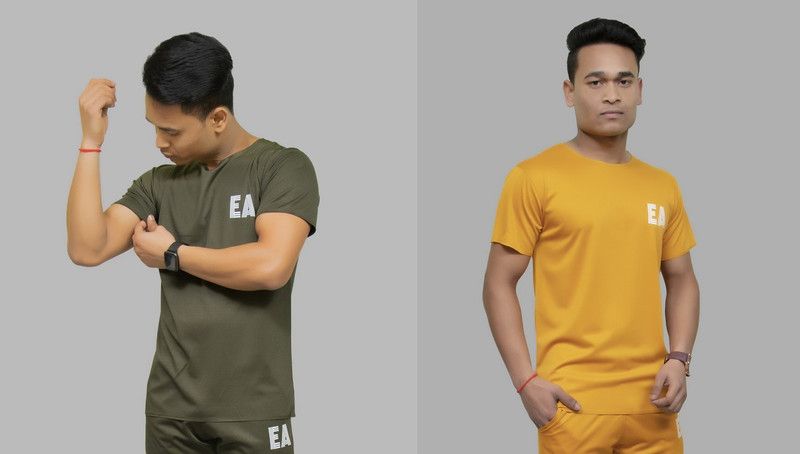 Pack of 2 Men Solid Round Neck Poly Cotton Green, Yellow T-Shirt