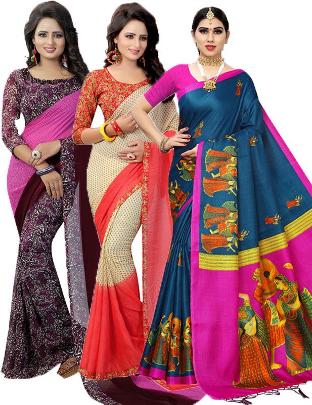 Printed Daily Wear Georgette Saree  (Pack of 3, Purple, Red, Pink)