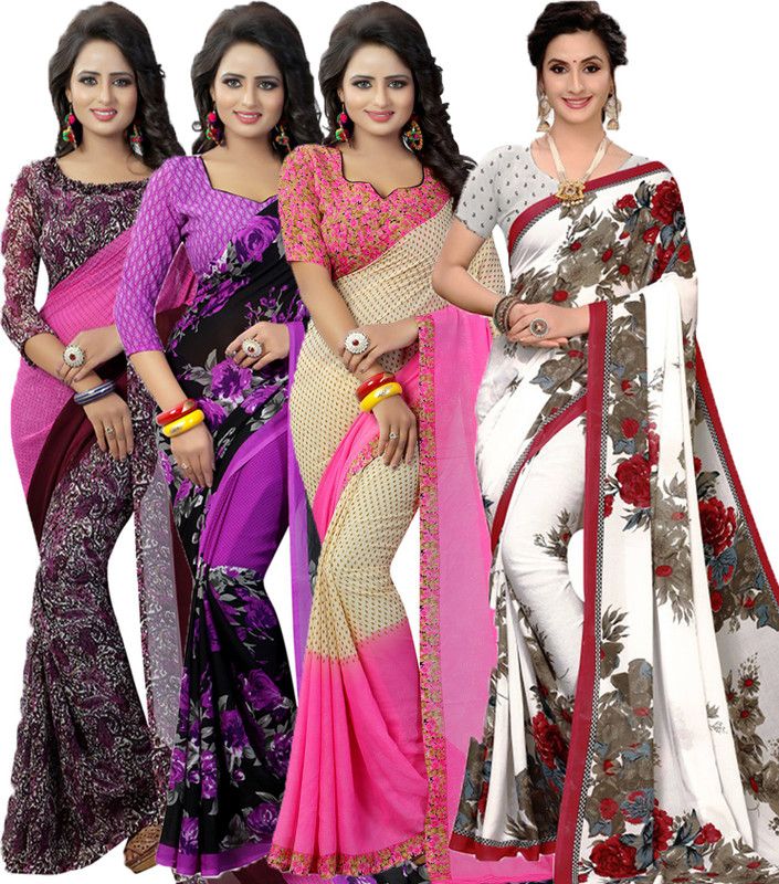 Printed Bollywood Georgette Saree  (Pack of 4, Purple, White, Maroon, Pink)