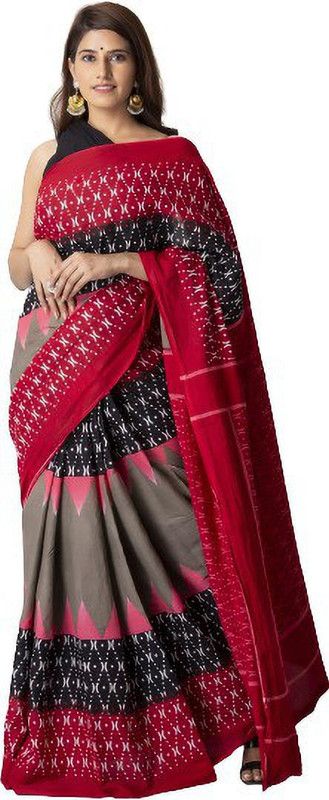 Printed, Self Design, Hand Painted, Blocked Printed, Graphic Print Ikkat Pure Cotton Saree  (Red)