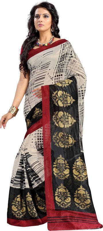 Printed Bollywood Art Silk Saree  (White, Maroon)