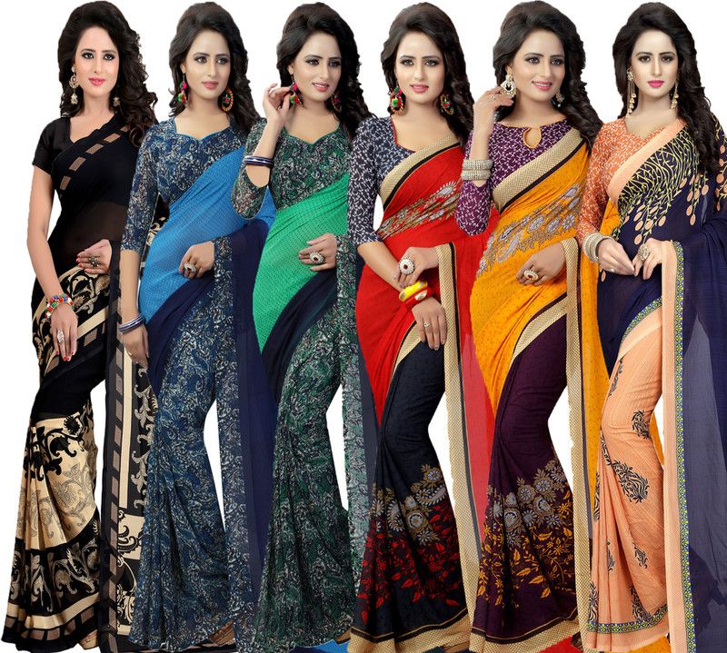 Printed Daily Wear Georgette Saree  (Pack of 6, Purple, Dark Blue, Red, Green, Blue, Black)
