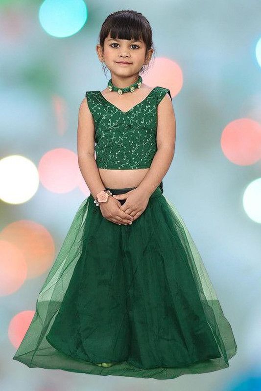 Girls Lehenga Choli Fusion Wear Solid Lehenga & Crop Top  (Green, Pack of 1)