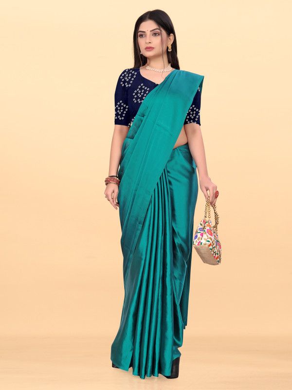 Solid/Plain Bandhani Satin Saree  (Light Blue)
