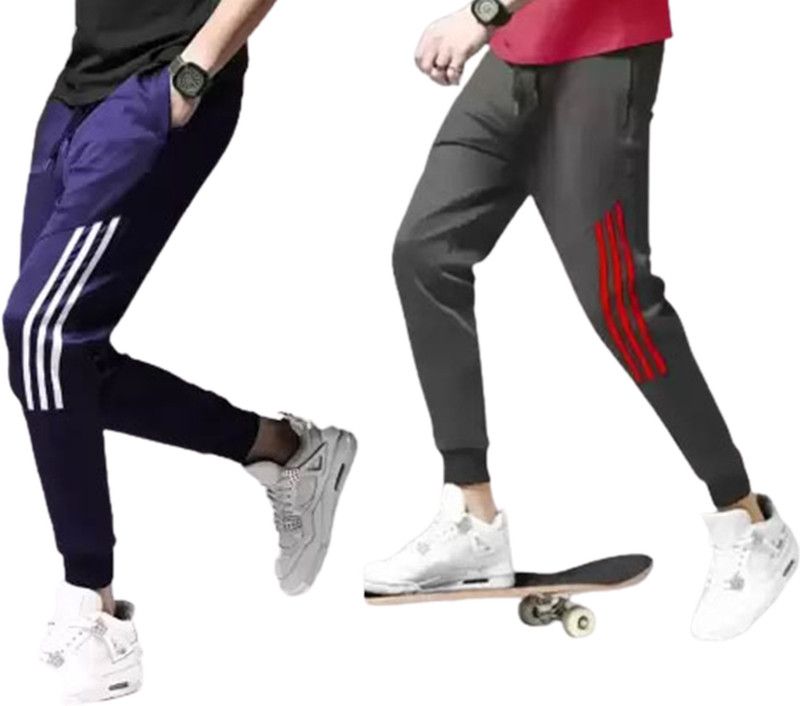 Pack of 2 Men Striped Blue, Grey Track Pants