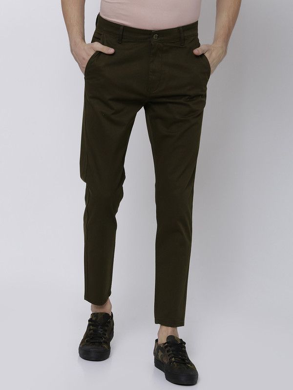 Men Tapered Dark Green Cotton Blend Trousers