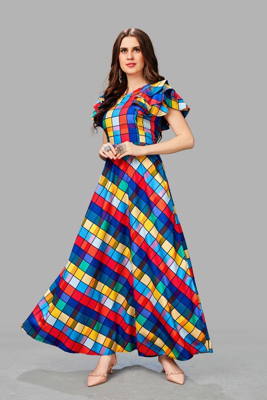 Checkered Cotton Blend Stitched Flared/A-line Gown  (Multicolor)