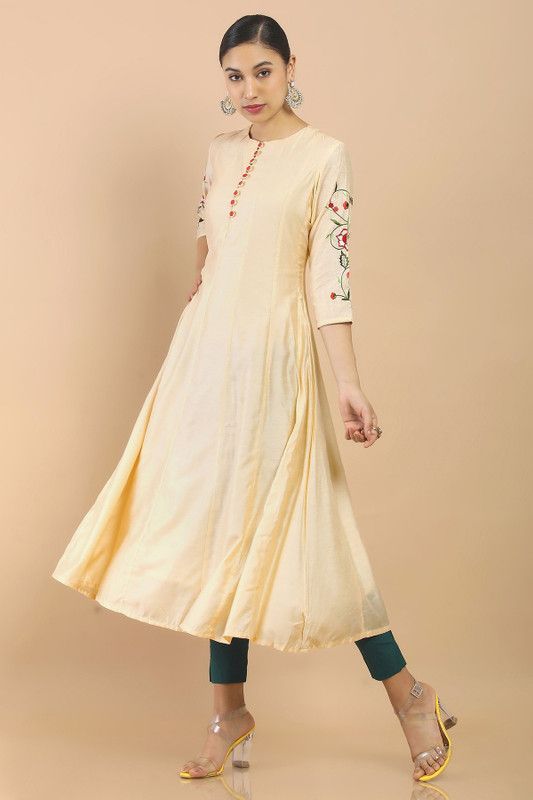 Women Embroidered Silk Blend Flared Kurta  (Beige)