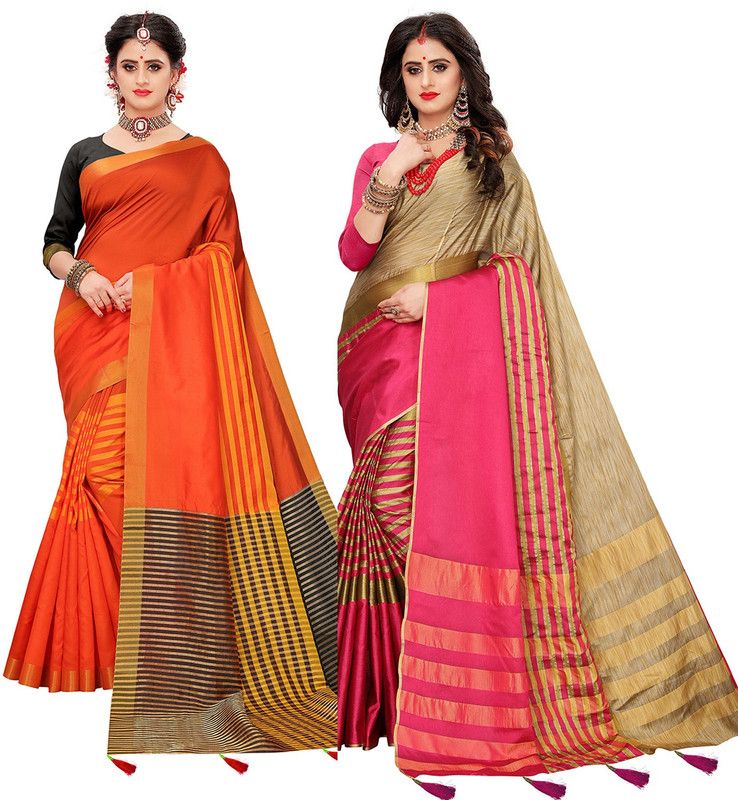 Bollywood Tussar Silk, Cotton Silk Saree  (Pack of 2, Multicolor)