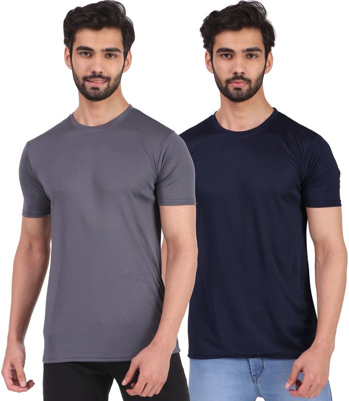 Pack of 2 Men Solid Round Neck Polyester Dark Blue, Grey T-Shirt