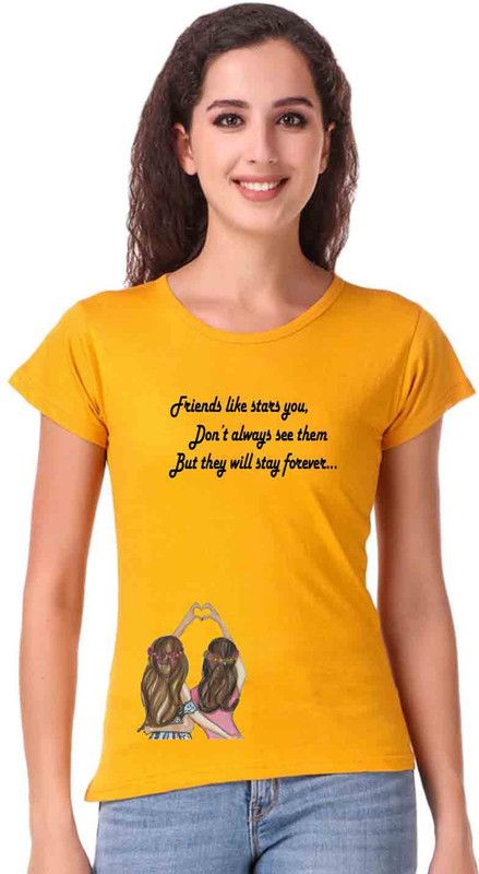 friend text Printed Women's Casual Round Neck Short Sleeve Solid Basic T shirt | black Top for women |Cotton T shirt | Top for women | Devotional T shirt Women Printed Round Neck Cotton Blend Yellow T-Shirt