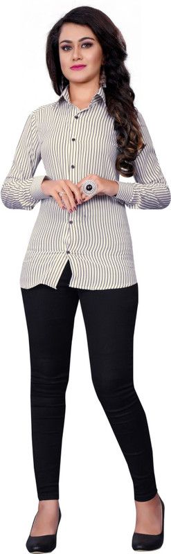 Party Regular Sleeves Striped Women Black, Beige Top