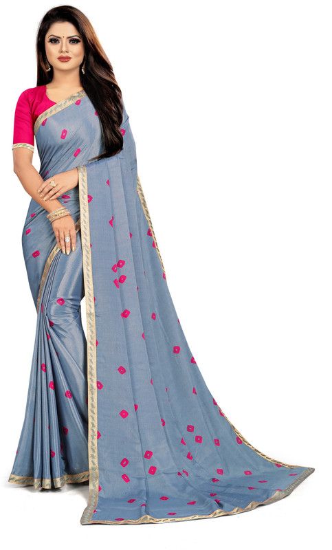 Printed Bandhani Silk Blend, Art Silk Saree  (Grey, Red)