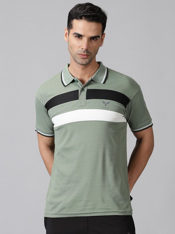 Men Striped Polo Neck Polyester Dark Green T-Shirt