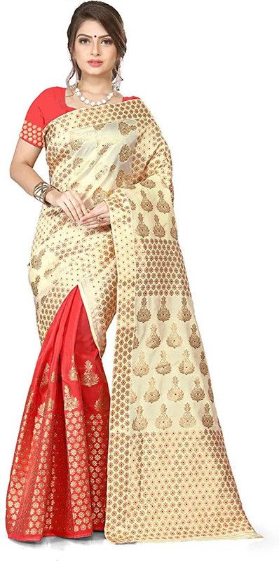 Woven Mekhela Chador Jacquard Saree  (Red)