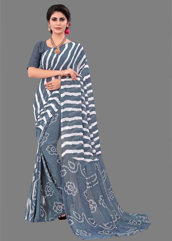 Striped, Geometric Print Leheria Georgette Saree  (Grey)