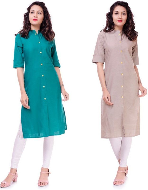 Pack of 2 Women Solid Cotton Blend Straight Kurta  (Grey, Yellow)