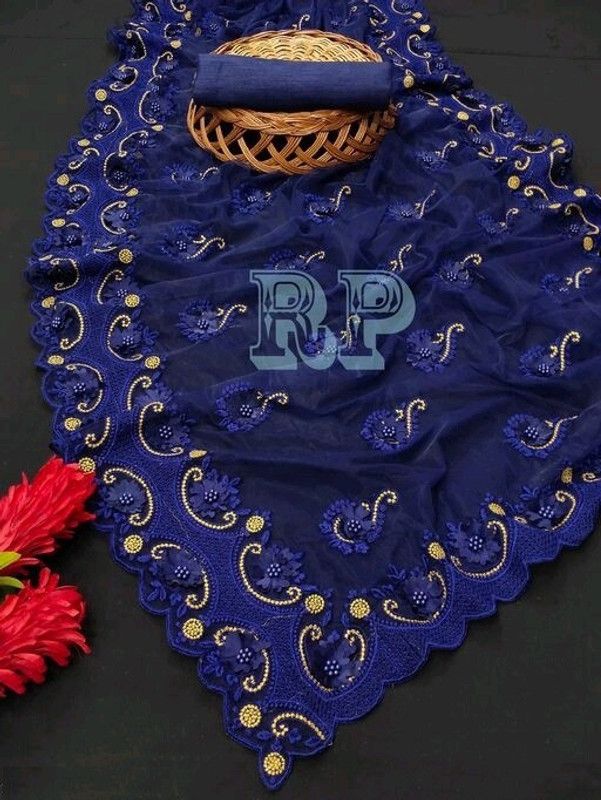 Self Design, Embroidered, Embellished Bollywood Net Saree  (Blue)