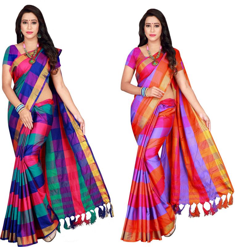 Checkered Chettinadu Cotton Silk Saree  (Pack of 2, Multicolor)