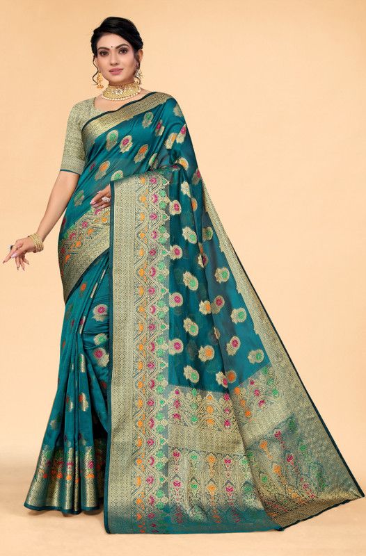 Printed Bollywood Organza Saree  (Dark Green)