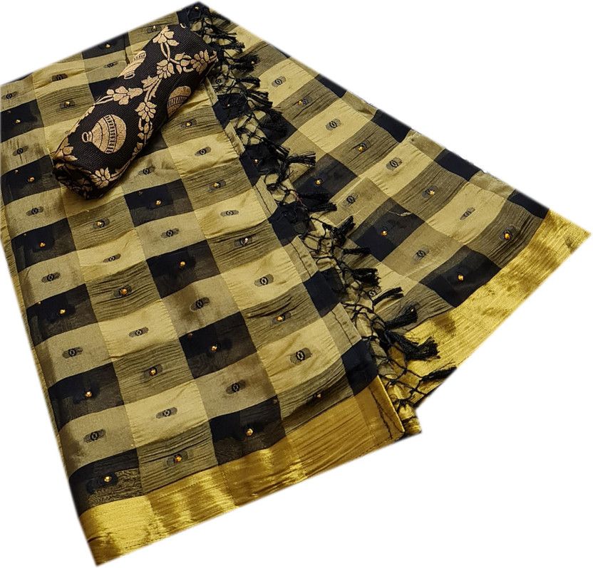 Checkered Banarasi Jacquard, Chiffon Saree  (Black, Cream)