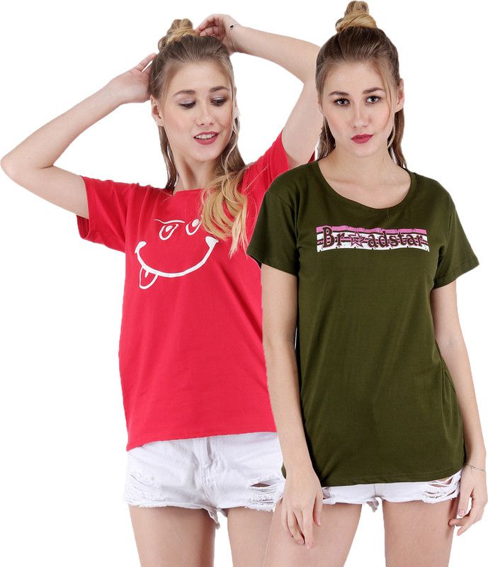 Pack of 2 Women Cotton Round Neck Red, Olive T-Shirt (Pack Of-2 Combo) Women Printed Round Neck Cotton Blend Red, Green T-Shirt