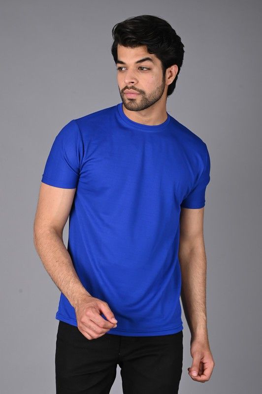 Round Neck T shirt Men Solid Round Neck Cotton Blend Blue T-Shirt