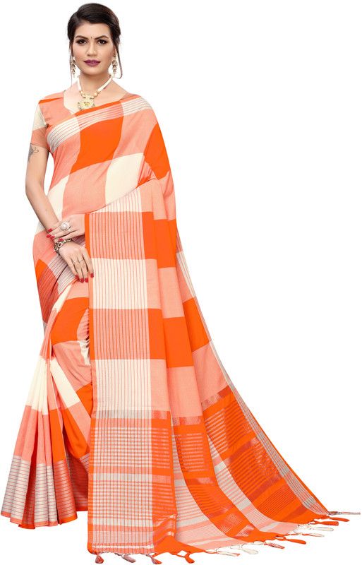Checkered Fashion Cotton Silk Saree  (Orange)