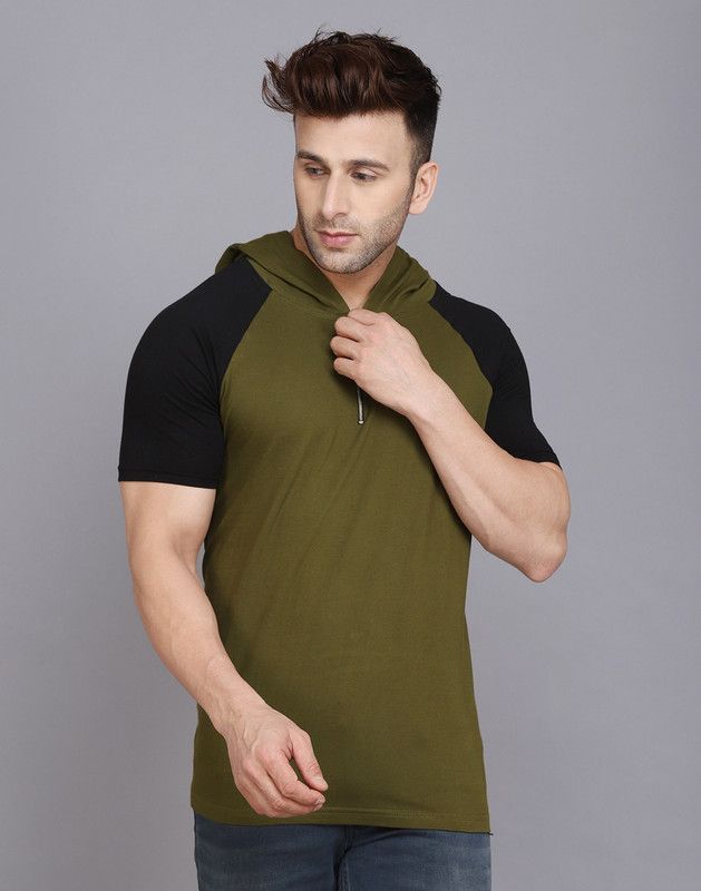Fazian Tak Men Colorblock Hooded Neck Cotton Blend Green T-Shirt
