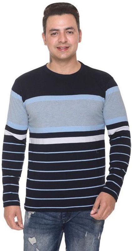 Men Striped Round Neck Pure Cotton Blue, Black T-Shirt